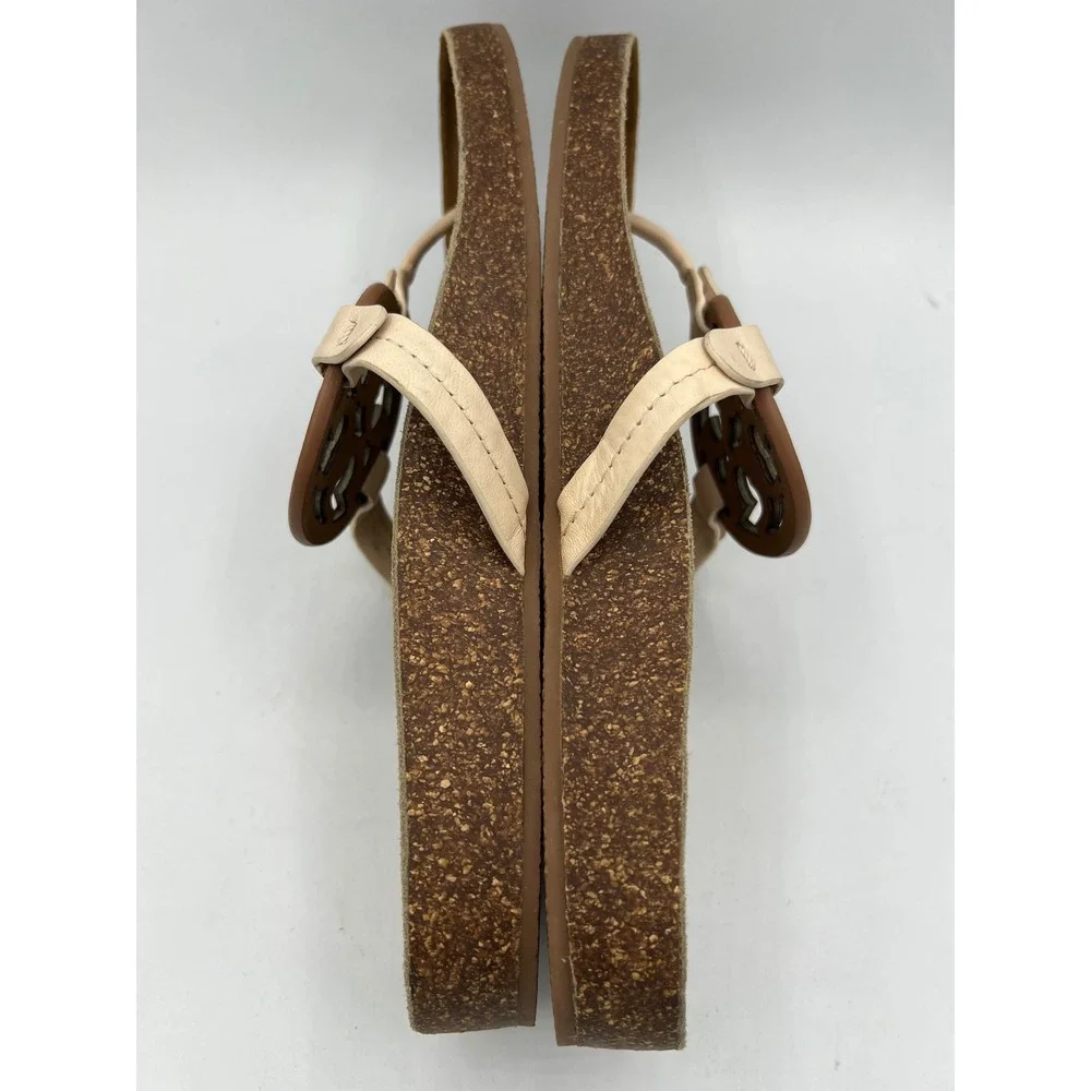 Tory Burch Miller Cloud Leather Thong Sandals Brown Cream Cork Insole Sz 10 EUC